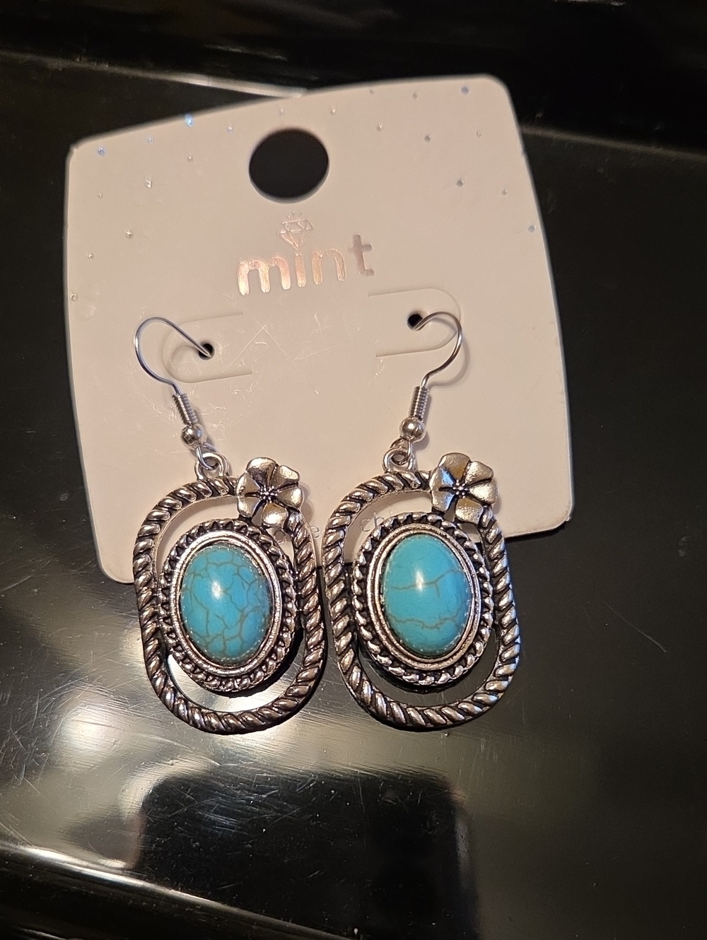 Mint Silver-Tone Oval Turquoise Drop Earrings, Fish Hook Boho Style